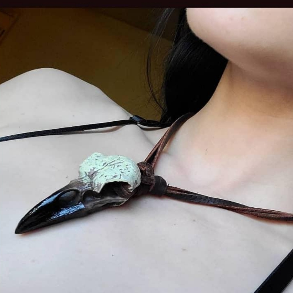 Vikings Raven Skull Necklace With Adjustable Length Leather Necklace